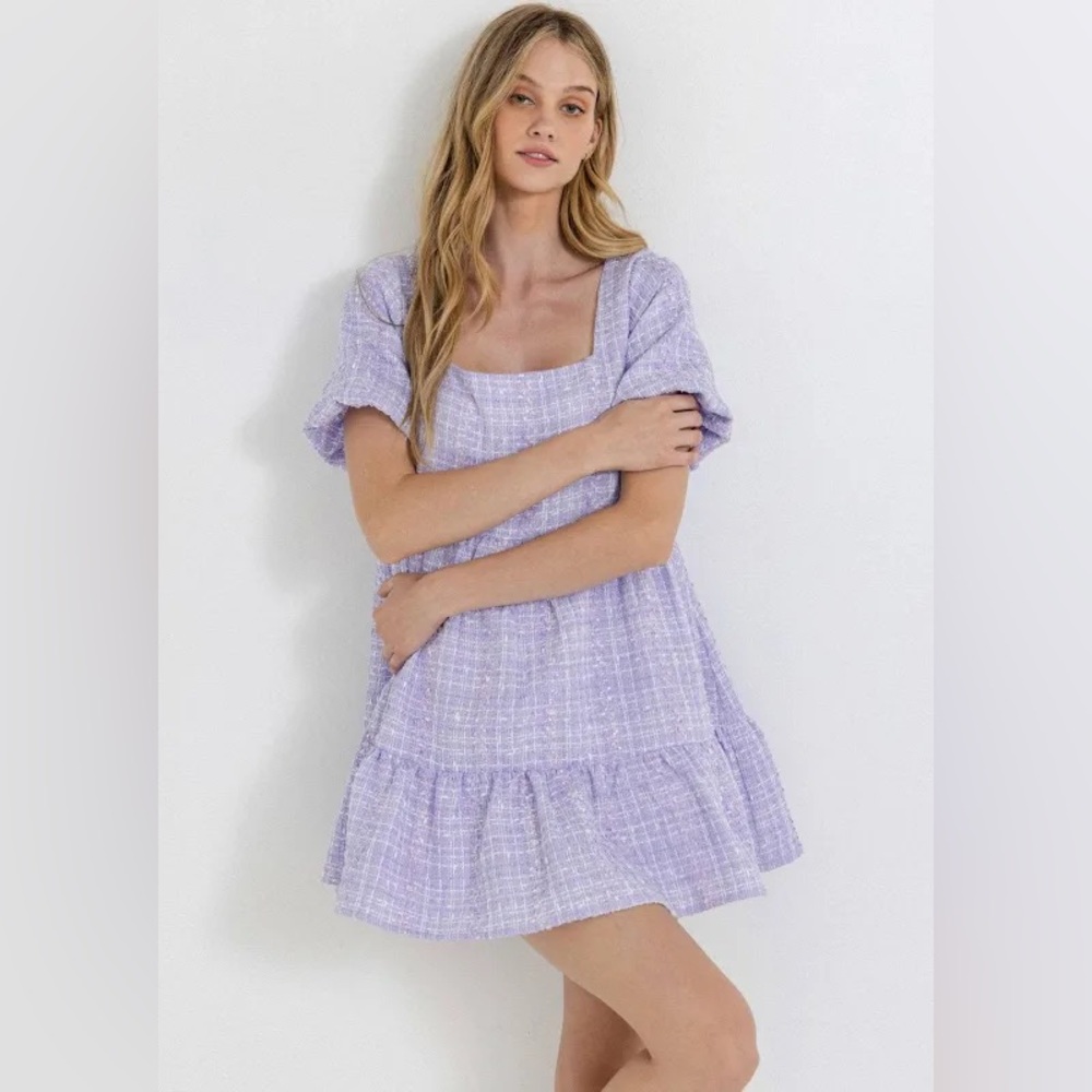 English Factory Purple Smocked Puff Sleeve Mini Dress